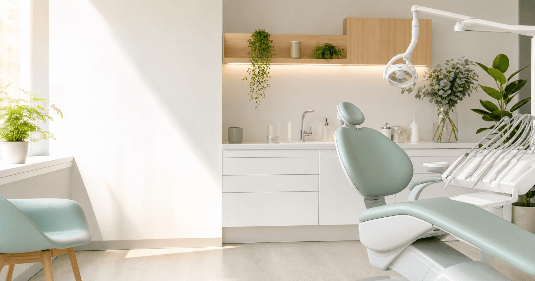 Lichte moderne mondhygiënepraktijk met behandelstoel